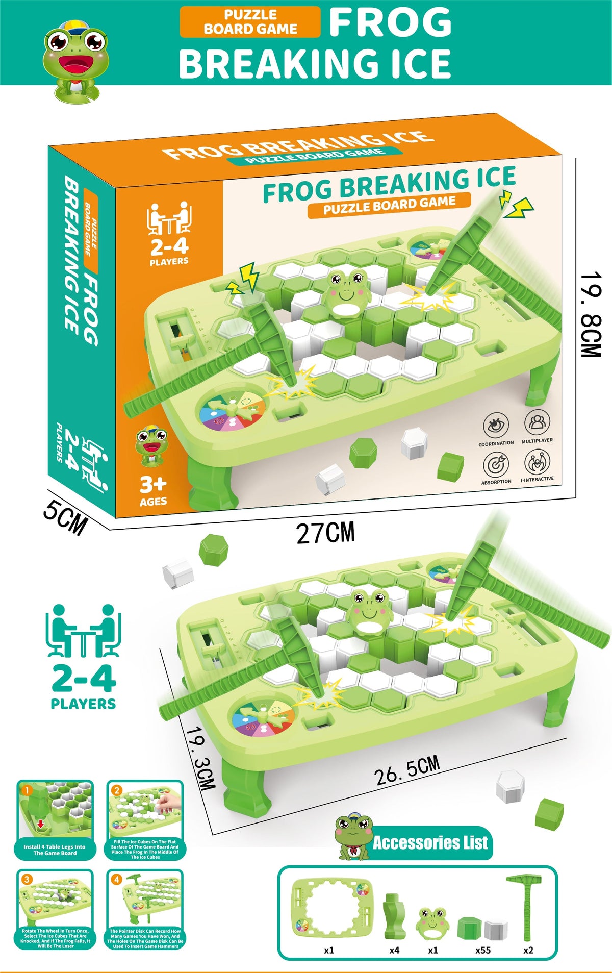 Frog Ice Breaker Game for Kids – 2–4 Player Hammer Challenge Family Board Game